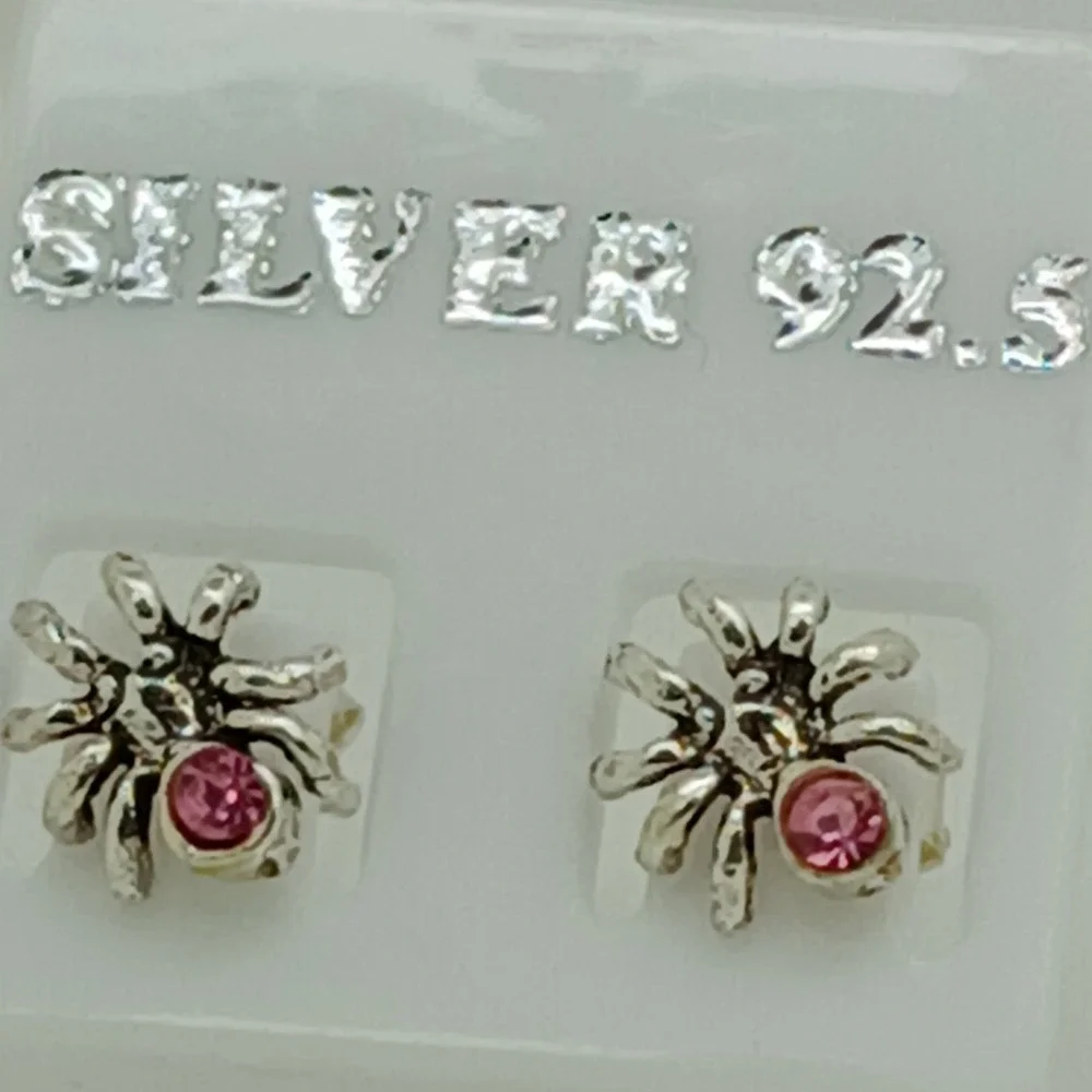 925 Sterling Silver Pink Rhinestone Spider Stud Earrings Arachnid Jewelry